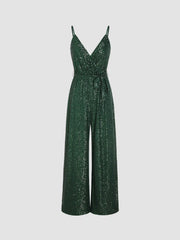 Sequin V-neck Solid Belted Wide Leg Jumpsuit