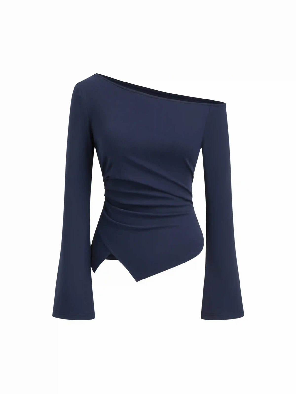 Cotton-blend Asymmetrical Neckline Bell Sleeve Ruched Top