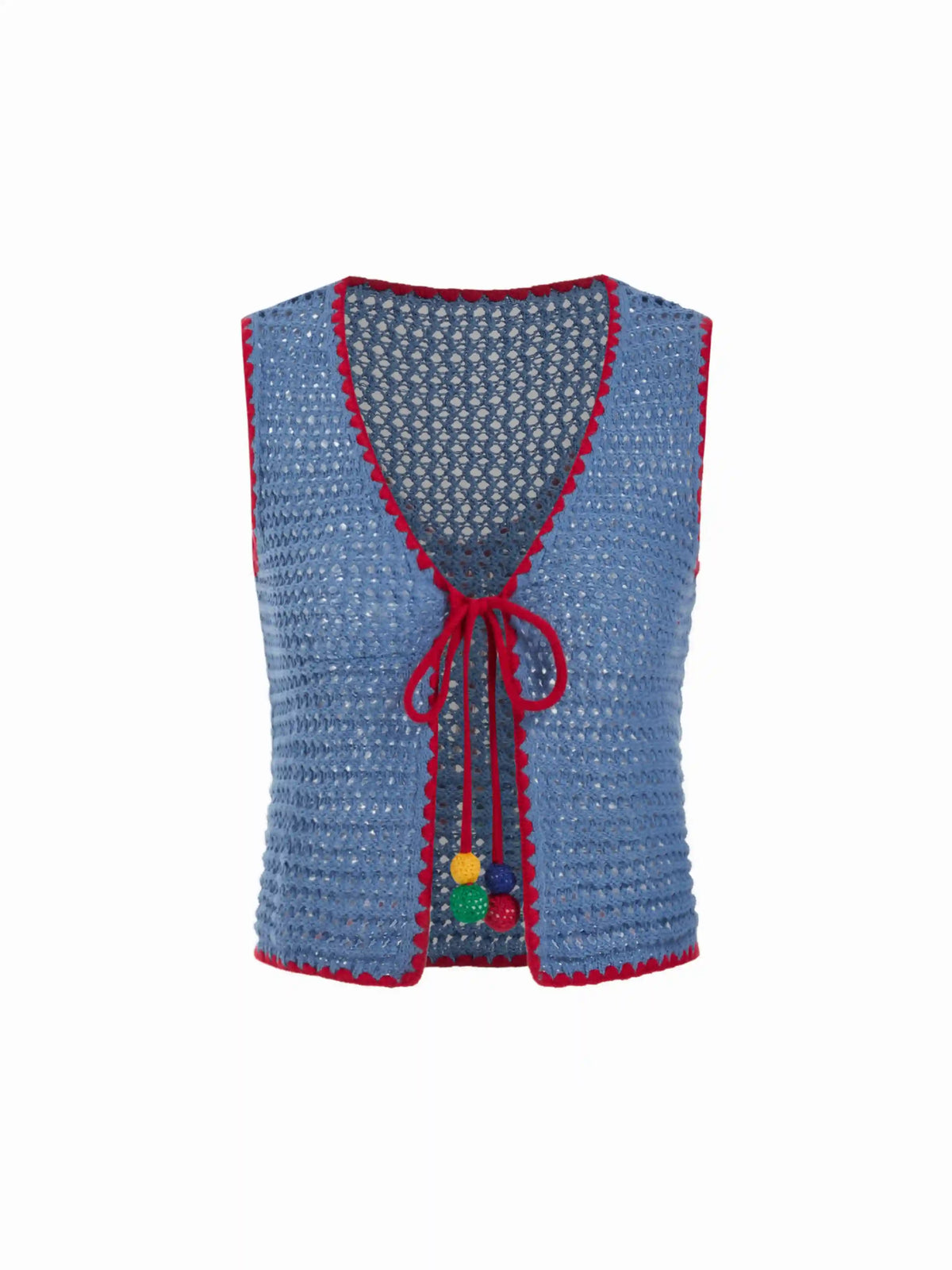 Knit Crochet V-Neck Colorblock Tie Front Bow Oversized Vest