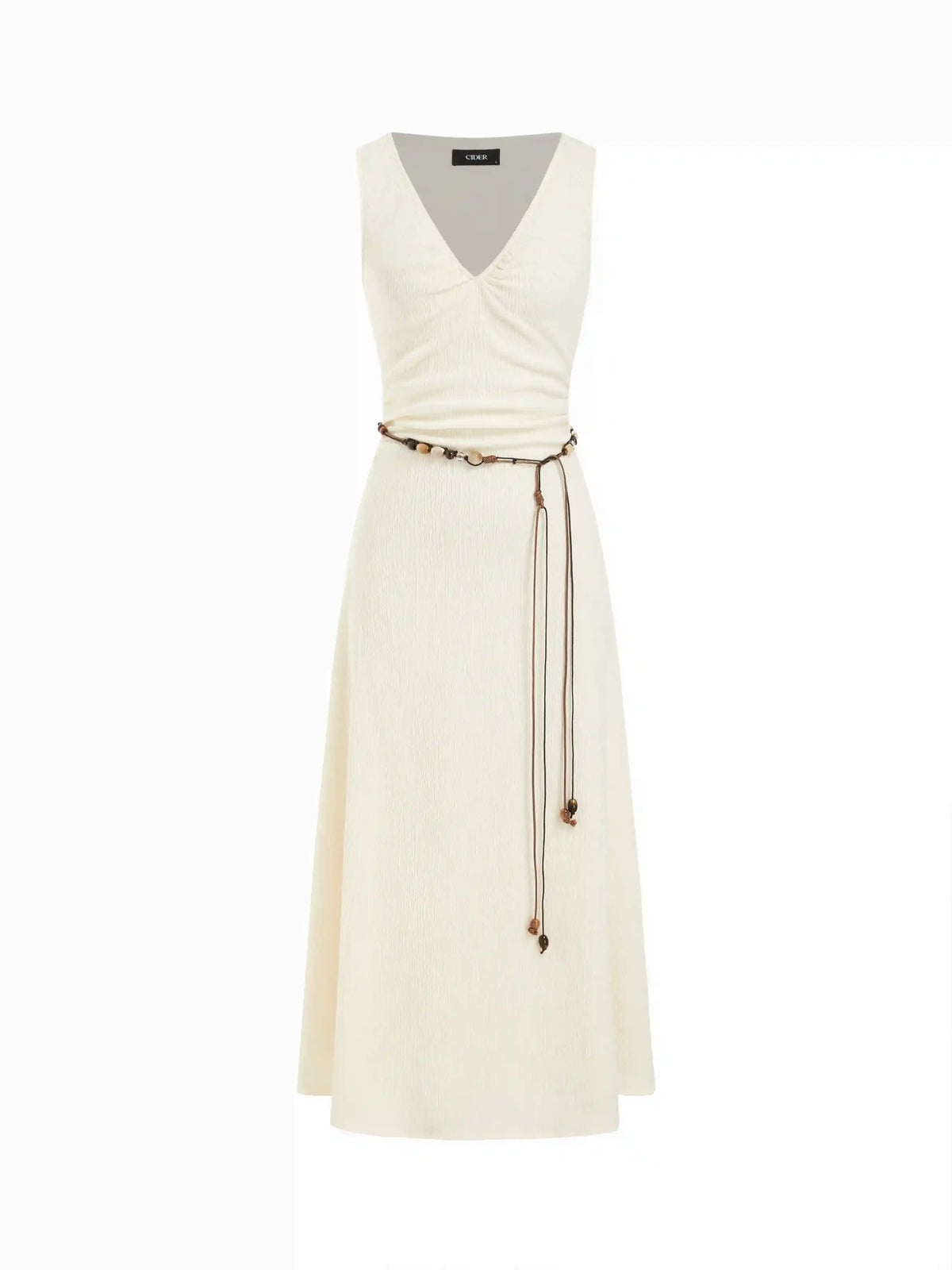 Textured V-neck Sleeveless A-line Maxi Dress With Beaded Belt