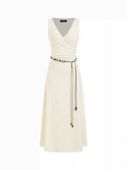 Textured V-neck Sleeveless A-line Maxi Dress With Beaded Belt