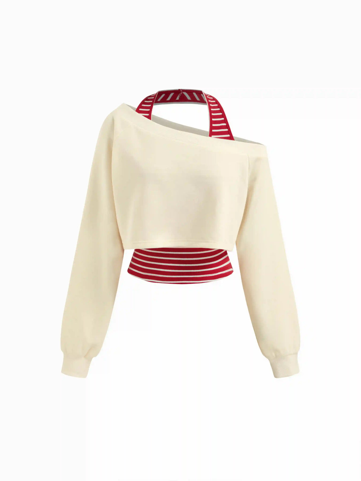 Two Piece Terry Asymmetrical Neck Crop Sweatshirt With Striped Tank Top