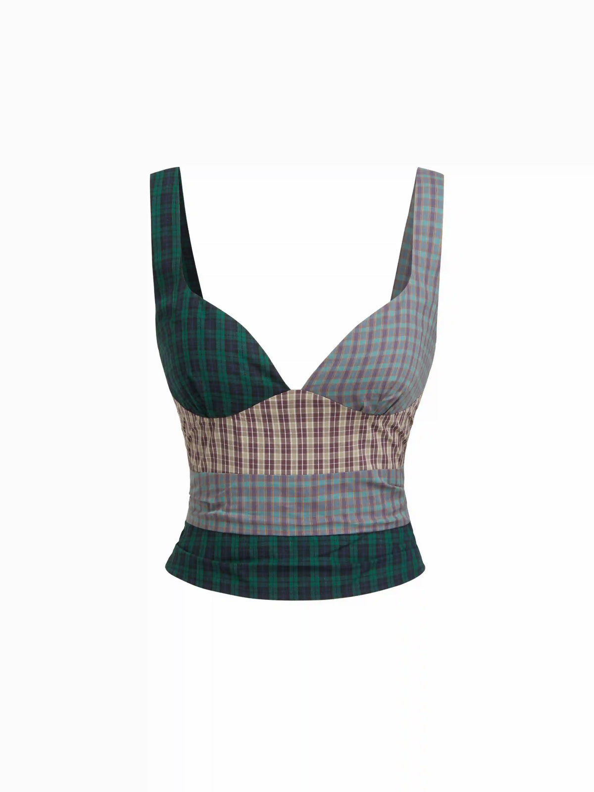 Cotton-blend Sweetheart Neck Tartan Patched Shirred Tank Top