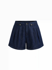 Denim Mid Rise Pleated Shorts Curve & Plus