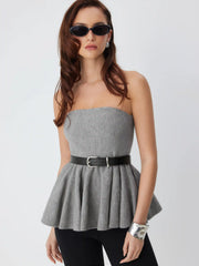 Knit Strapless Ruffled Peplum Crop Top With Belt