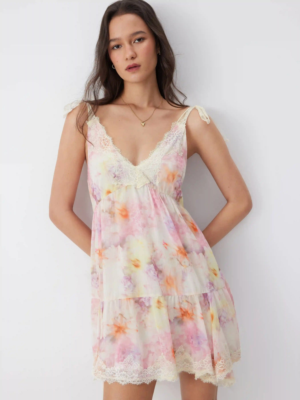 Chiffon Floral V-neck Lace Trim Tie Strap A-line Mini Dress