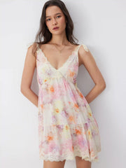 Chiffon Floral V-neck Lace Trim Tie Strap A-line Mini Dress