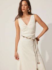 Textured V-neck Sleeveless A-line Maxi Dress With Beaded Belt