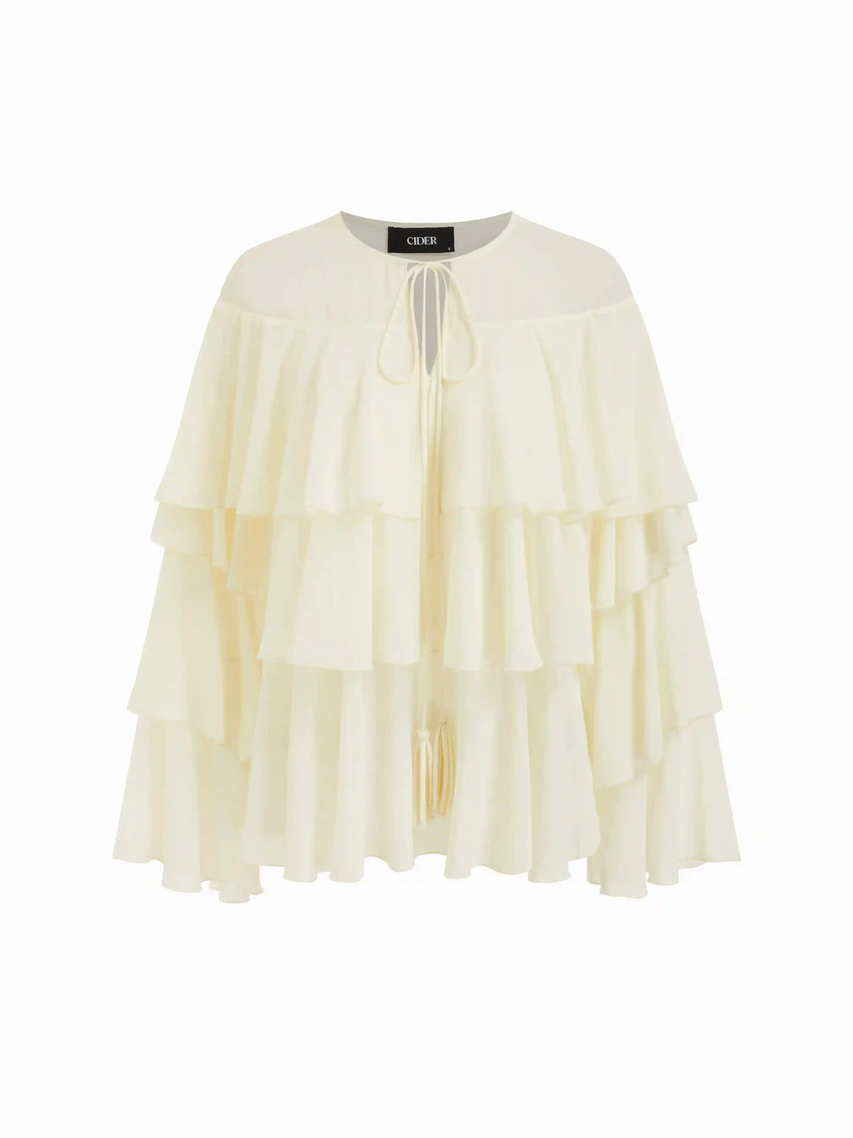 Chiffon Round Neckline Fringe Ruffled Tie Front Oversized Blouse