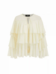 Chiffon Round Neckline Fringe Ruffled Tie Front Oversized Blouse