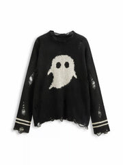 Knit Ghost Pattern Stripe Ripped Oversized Top