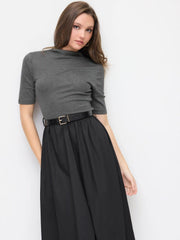 Cotton Stand Collar Two Tone Flared Mid-length Sleeve Maxi Dress With Belt