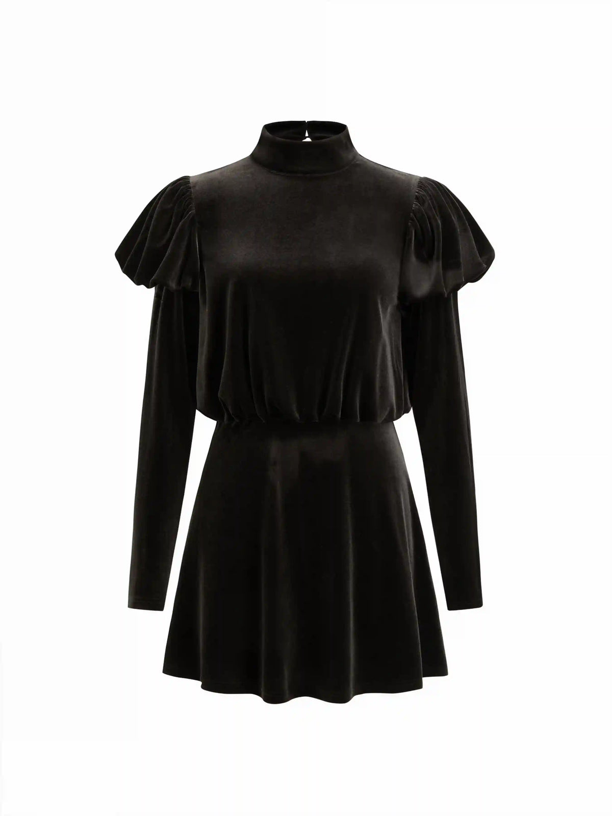 Velvet Stand Collar Ruched Ruffle Hem Mini Dress
