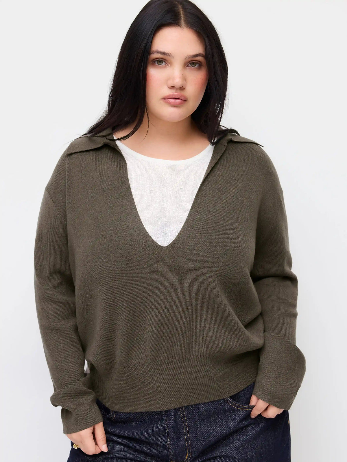 Two Piece Knit Wool-blend Solid Tank Top & V-Neck Collar Long Sleeve Top Curve & Plus