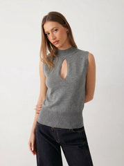 Knit Stand Collar Cut Out Cinched Waist Top