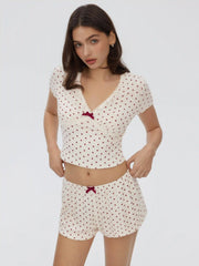 Viscose-blend Polka Dot V-Neck Ruched Crop Top & Elastic Waist Shorts Set