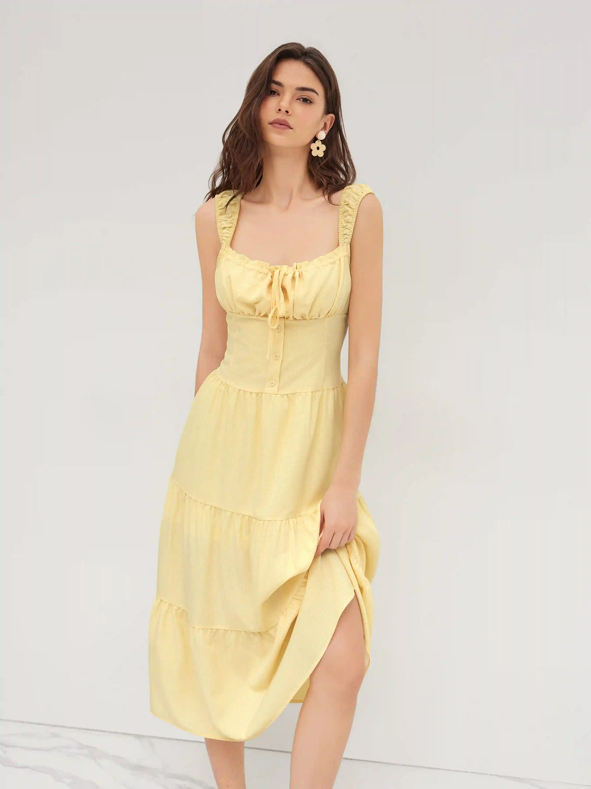 Square Neck Check Tiered Ruffle Maxi Dress