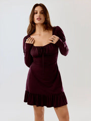 Square Neck Puff Sleeve Ruched Ruffle Hem Mini Dress