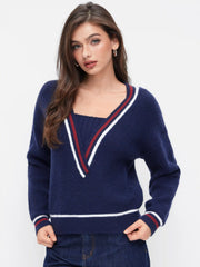 Knit V-neck Long Sleeve Striped Trim Oversized Top
