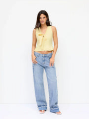 Linen-blend V-neck Bowknot Scalloped Trim Tank Blouse