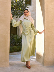 Satin Boat Neck Lantern Sleeve Asymmetrical Maxi Dress
