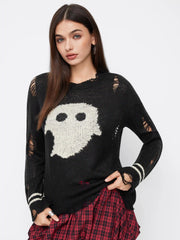 Knit Ghost Pattern Stripe Ripped Oversized Top