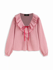 Gingham V-Neck Ruffled Lantern Sleeve Oversized Blouse
