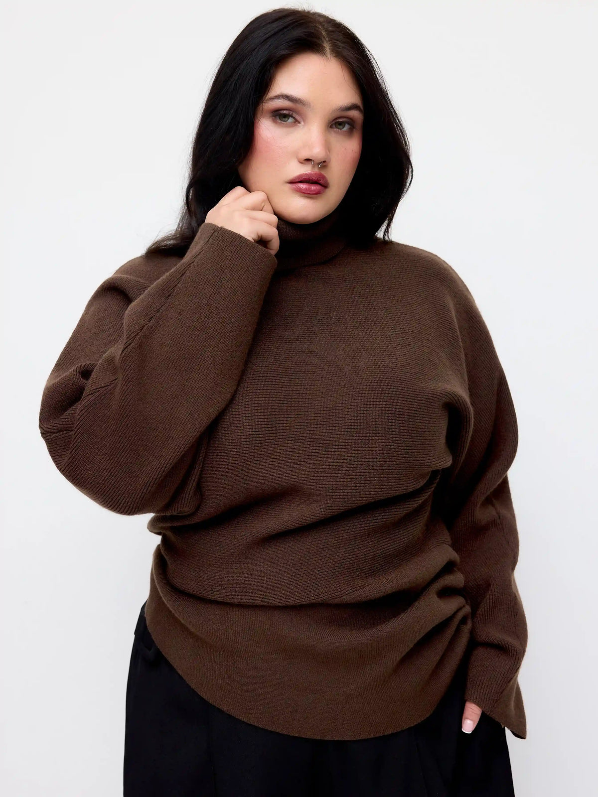 Knit Stand Collar Button Side Ruched Cinched Waist Top Curve & Plus