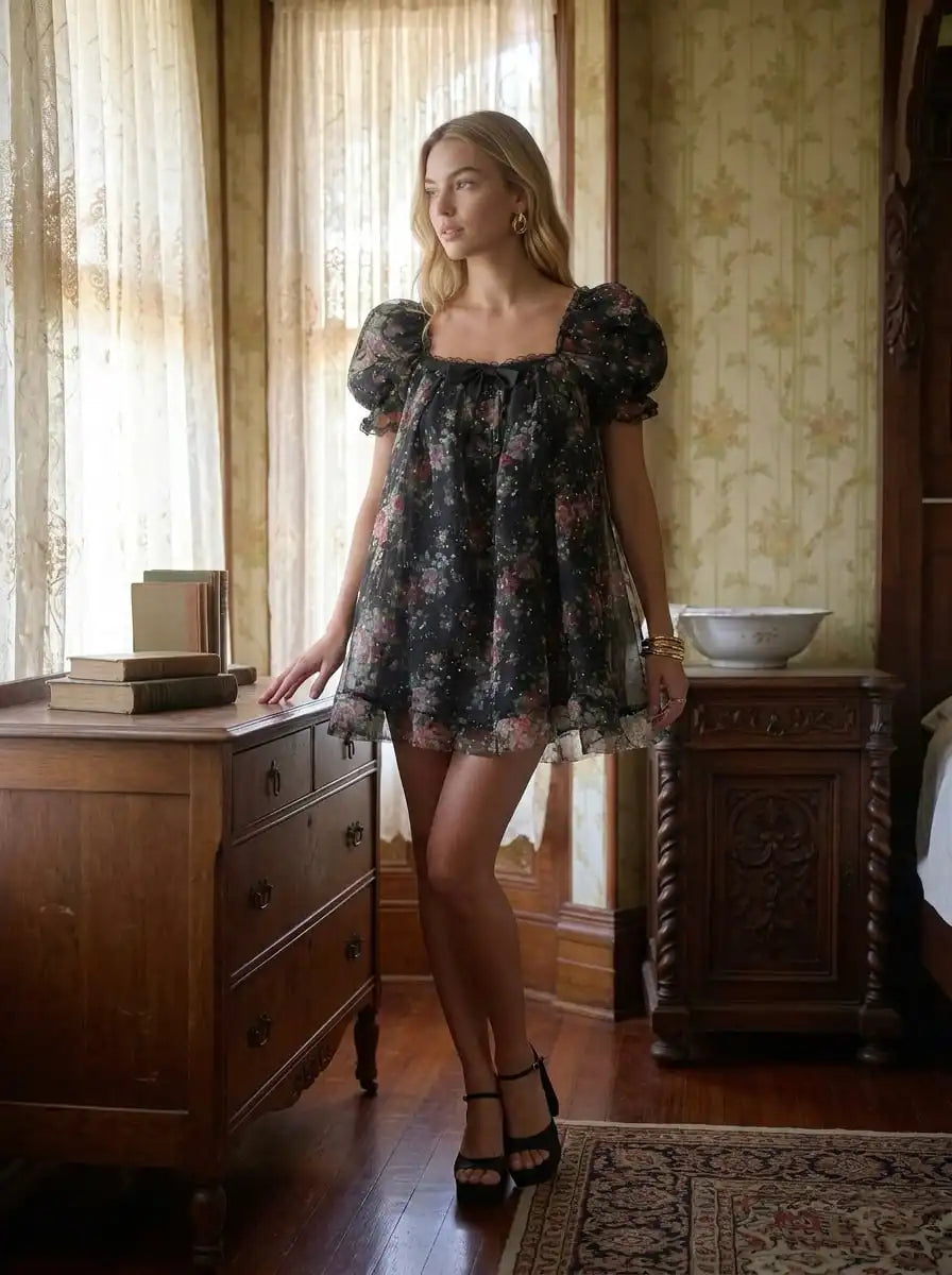 Organza Floral Square Neck Puff Sleeve Bowknot Textured Babydoll Mini Dress