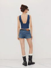 Stretch Denim V-neck Bowknot Tank Top