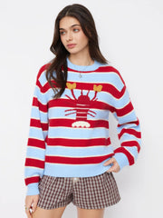 Knit Lobster Pattern Striped Round Neckline Oversized Sweater
