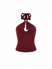 Halter Neck Tie Front Metal Detail Slim Top