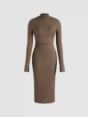 High Neck Solid Ruched Midi Dress