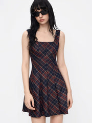 Square Neck Plaid Flared MIni Dress