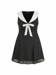 Polka Dot Sailor Collar Bowknot A-line Mini Dress Curve & Plus
