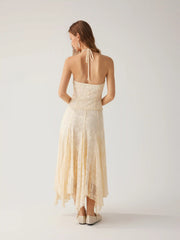 Lace V-neck Halter Neck Top & Asymmetrical Ruffle Midi Skirt Set