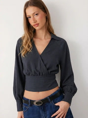 V-neck Long Sleeve Cinched Waist Top