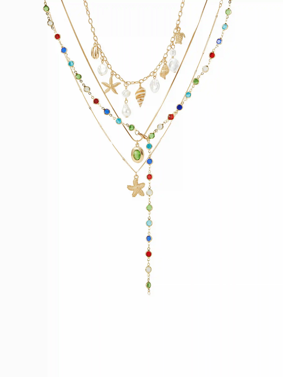 STARFISH & SHELL & RHINESTONE LAYERED NECKLACE