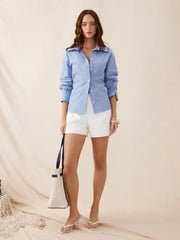 Linen-blend Stripe Collar Twist Knotted Regular Long Sleeve Blouse