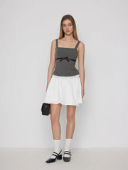 Square Neck Bowknot Lace Trim Crop Top
