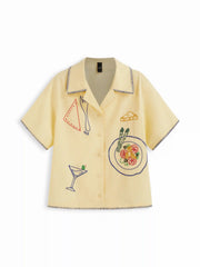 Cotton Food Embroidery Contrast Stitch Trim Short Sleeve Oversized Shirt