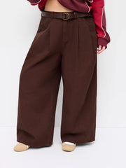 Denim Low Rise Pleated Wide Leg Jeans With Belt Curve & Plus