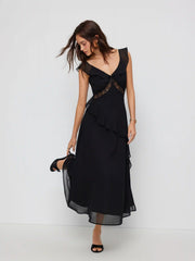 Chiffon V-neck Ruffled A-line Maxi Dress