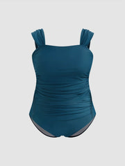 Shaping Square Neck Solid Drawstring Bracelet Cheeky Tankini Swimsuit Curve & Plus