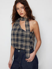 Plaid Halter Neck Asymmetrical Crop Blouse Bodysuit With Scarf