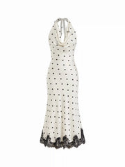 Satin Polka Dot Halter Neckline Backless Lace Trim Mermaid Maxi Dress