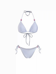 Halter Neckline Color Beaded Triangle Low Rise Tie Side Bikini Set