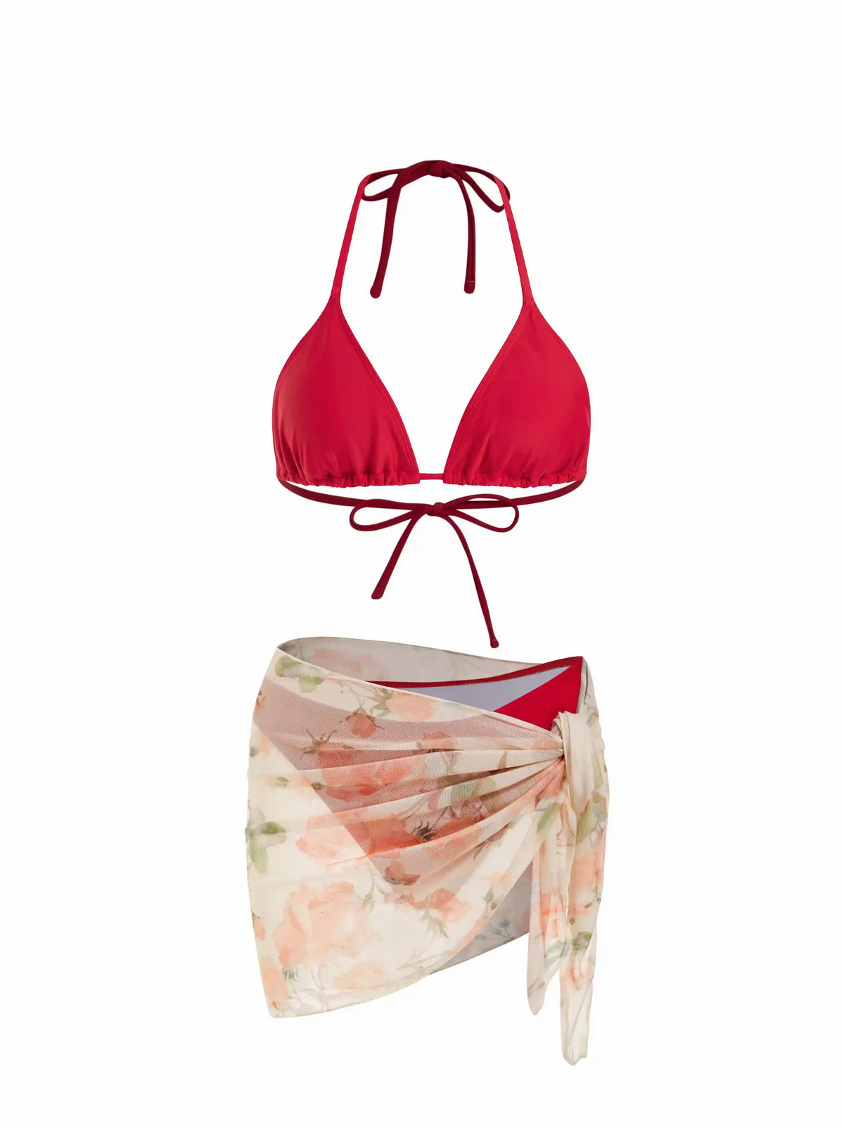 Halter Triangle Bikini Set With Floral Sarong