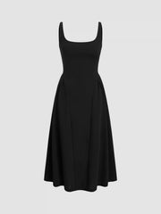 Woven Square Neck Solid Midi Dress