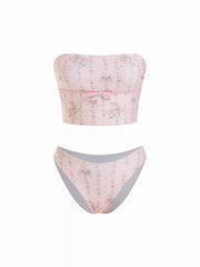 Fruit & Gingham Square Neck Bowknot Bandeau Bikini Set